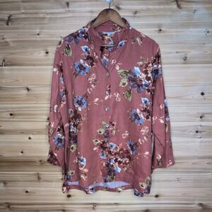 John Mark 100% Linen Floral‎ Mandarin Collar Roll Tab Sleeve Shirt Terracotta 1X